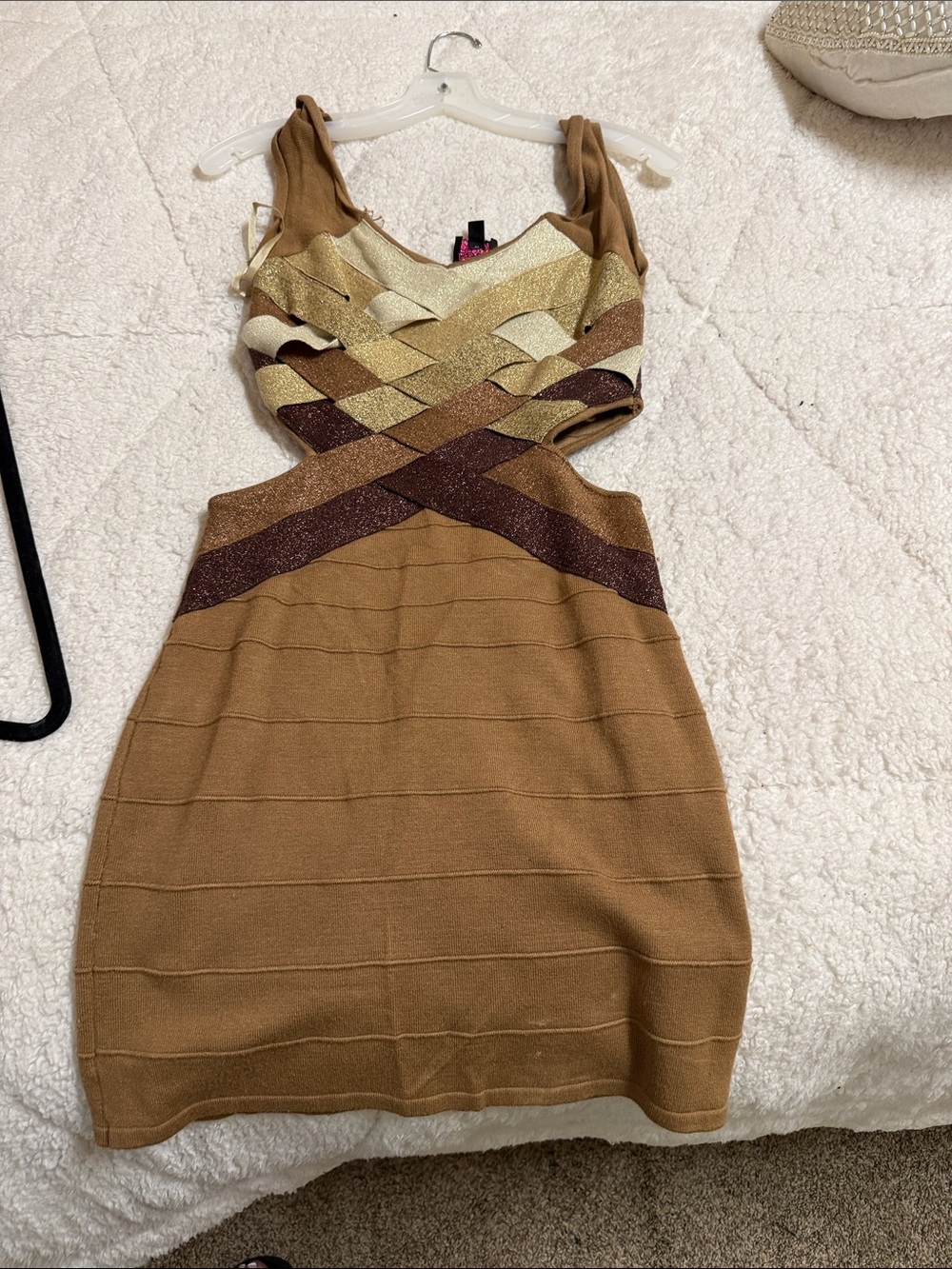 bebe Camel and Gold Cutout Bodycon Mini Dress